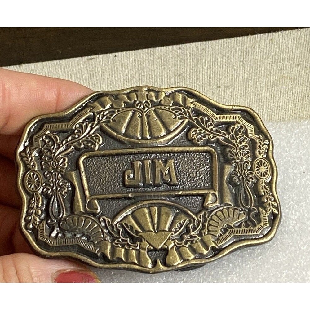 JIM Belt Buckle Iconic 70s Name Plate Western Scroll Vintage Oden Inc    .XTT697